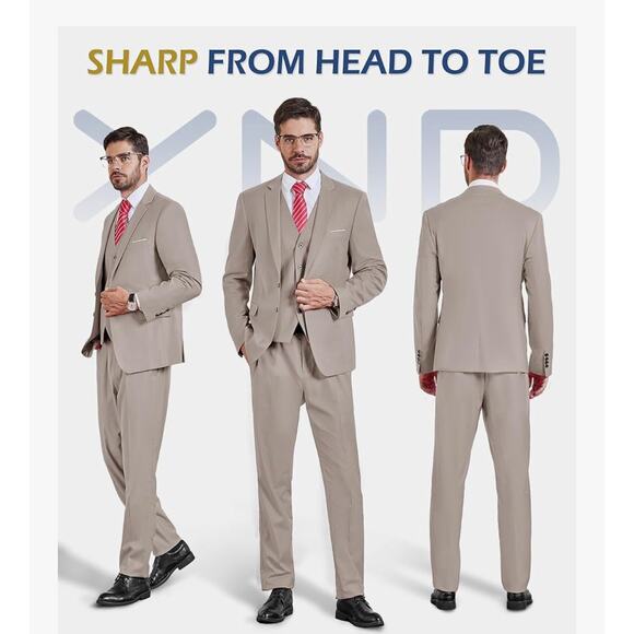 Brand New Men's Tan 3 Piece Suit Blazer, Vest & Pants Regular Fit Size: Medium - Picture 2 of 5